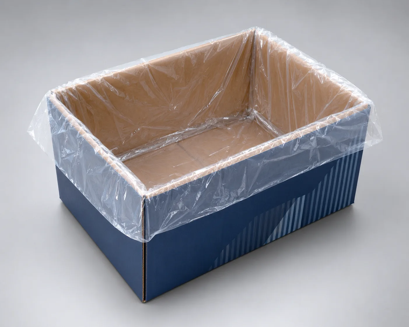 Transparent polyethylene liner fitted inside a cardboard box